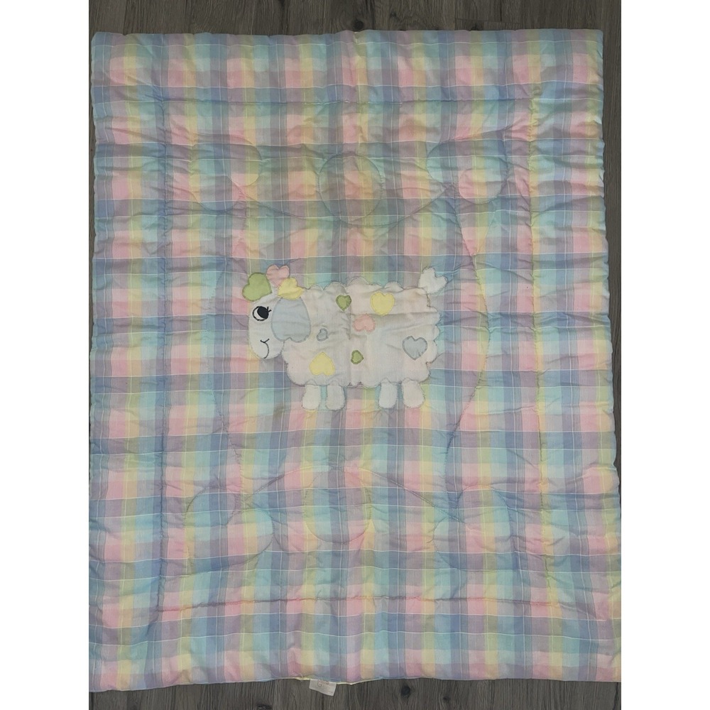 Vintage The Red Calliope‎ Lamb Baby Blanket Comforter Plaid Pink, Yellow & Blue